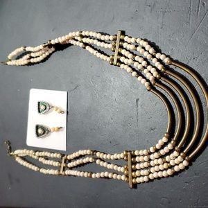 Vintage art deco 5 strand necklace and post earrings white and gold tone